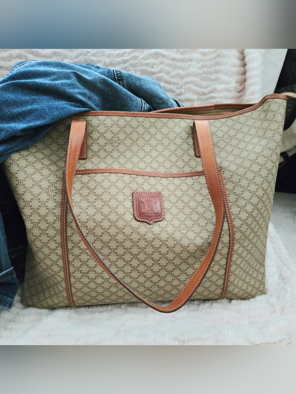Celine Beige Monogram Canvas Tote with Brown Leather Trim